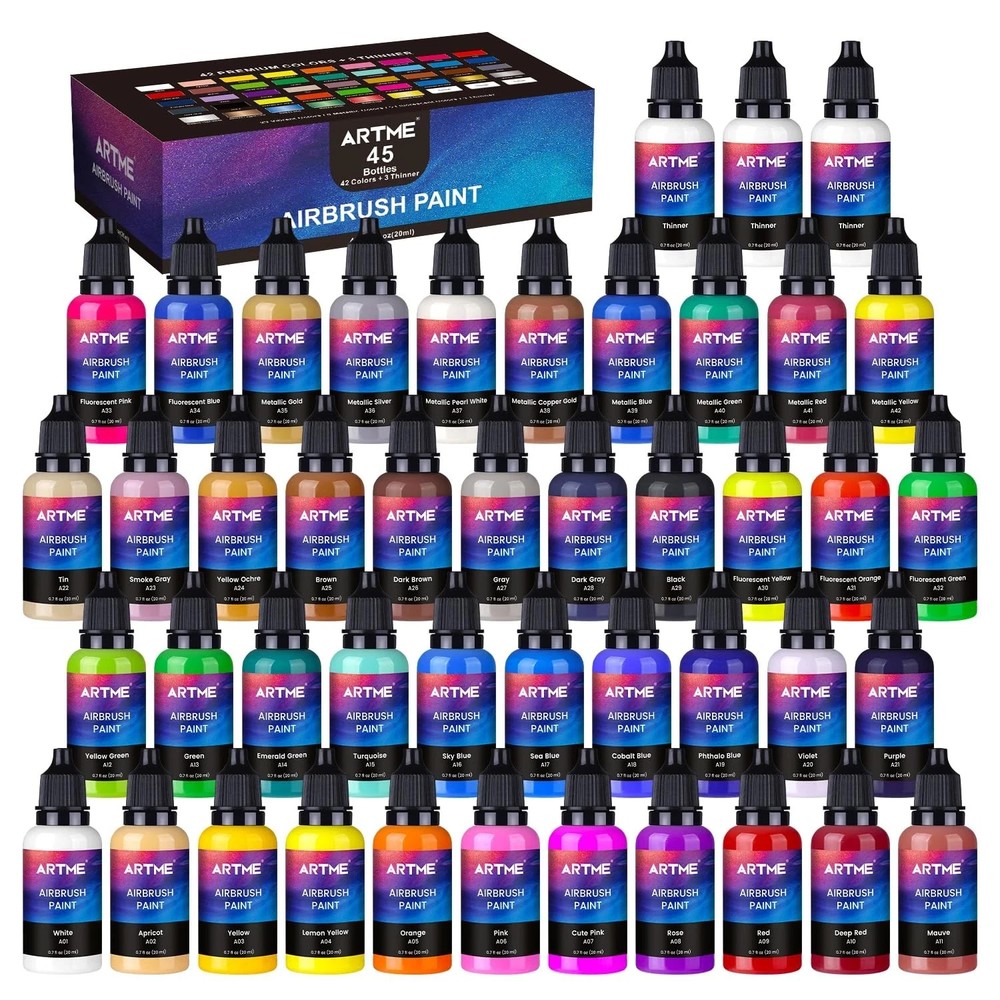 42 Color Acrylic Airbrush Paint Set with Thinners - Opaque, Metallic, Neon