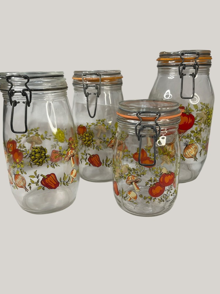 Vintage Retro 1970s French Arcoroc Spice of Life 4-Piece Mason Jar Canister Set