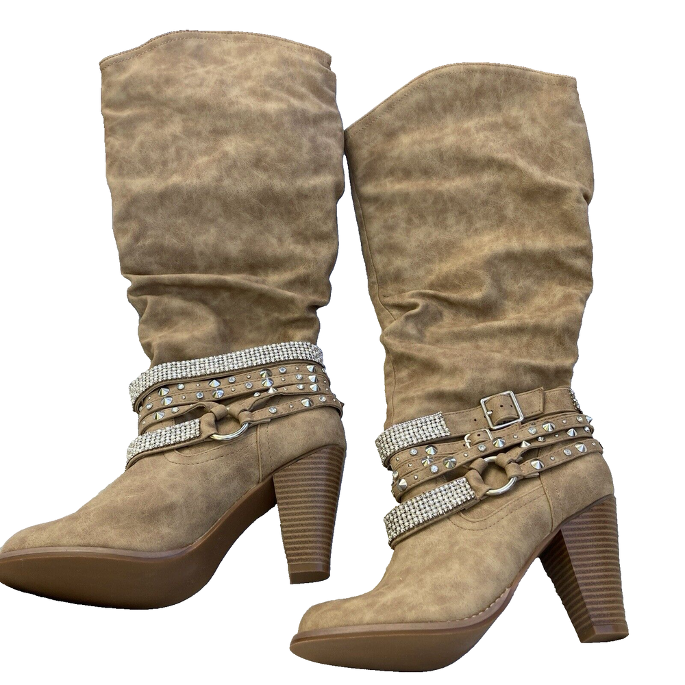 Not Rated Boots Womens 9 Tan Swag Studded Rhinestone Y2K Western Buckles Slip On