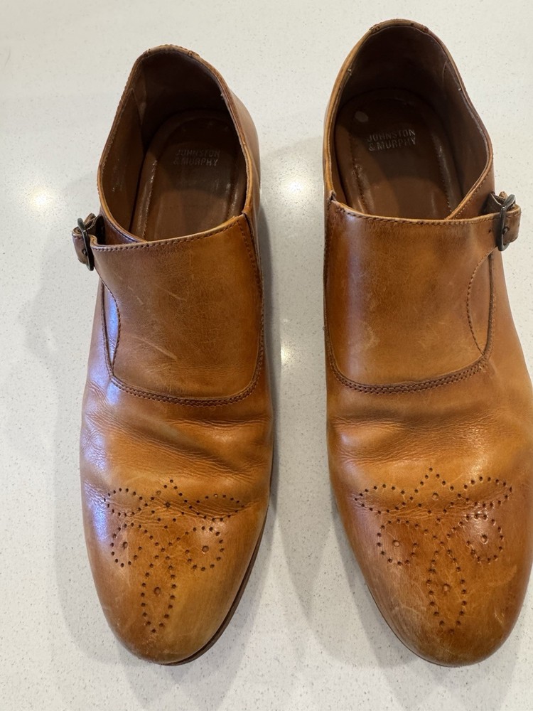 Johnston & Murphy Brown Leather Monk Strap Dress Shoes Buckle Medallion