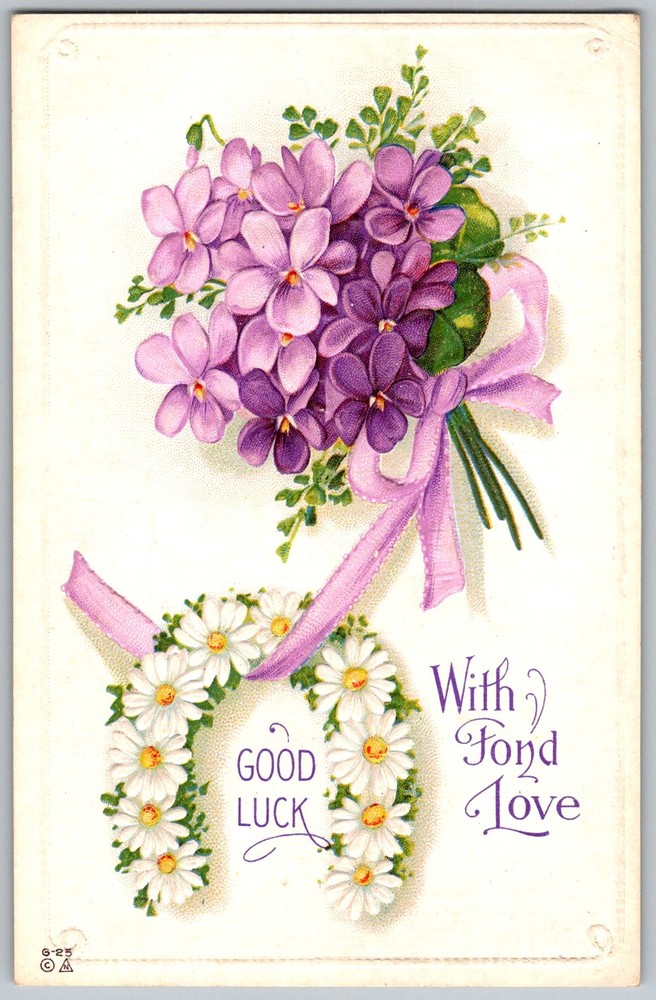 Antique Postcard Violet Bouquet Horseshoe 1910s