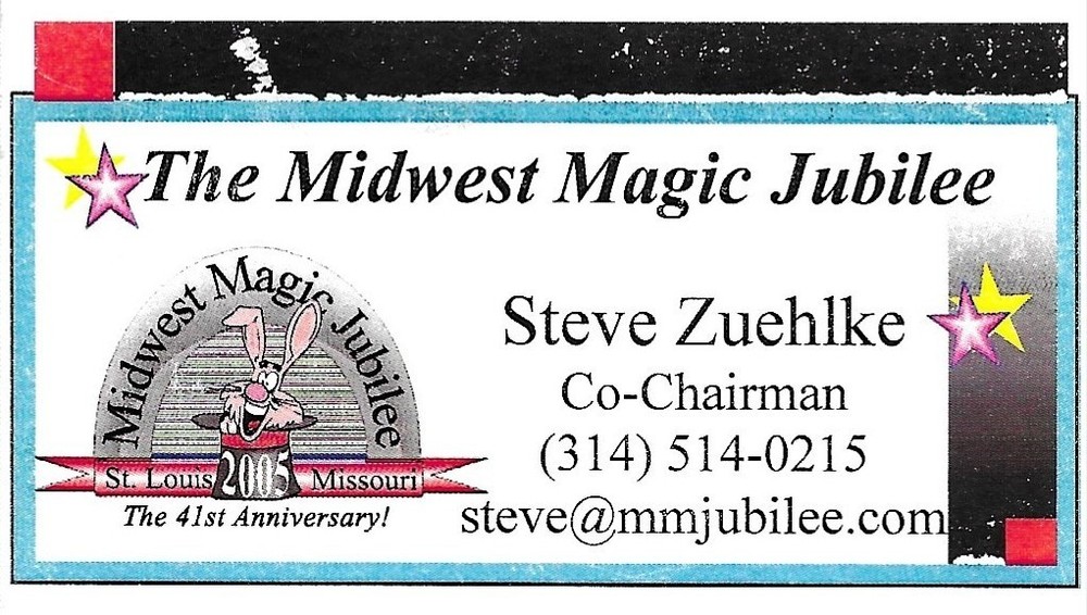 Steve Zuehlke magician business card St. Louis, Missouri; Midwest Magic Jubilee