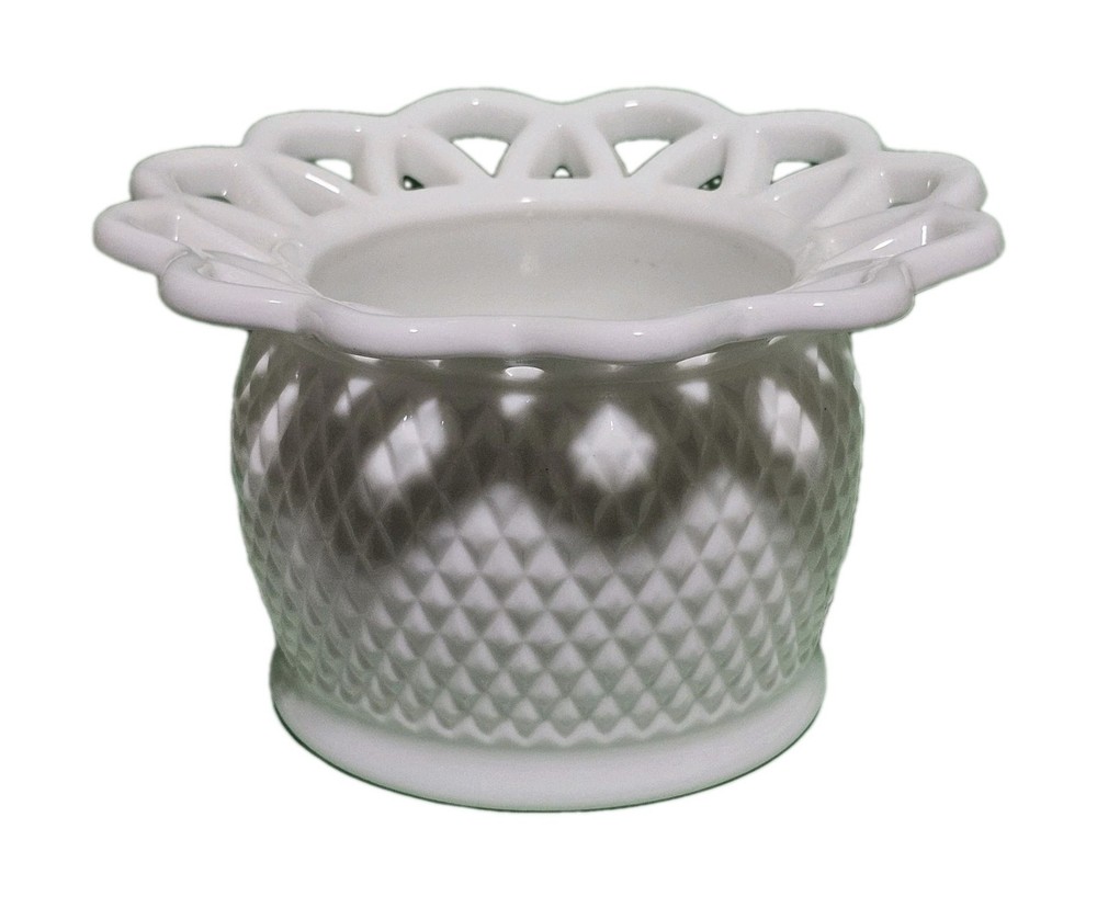 Imperial Lace Edge White Milk Glass Diamond Point Bowl Sawing Scissors Holder