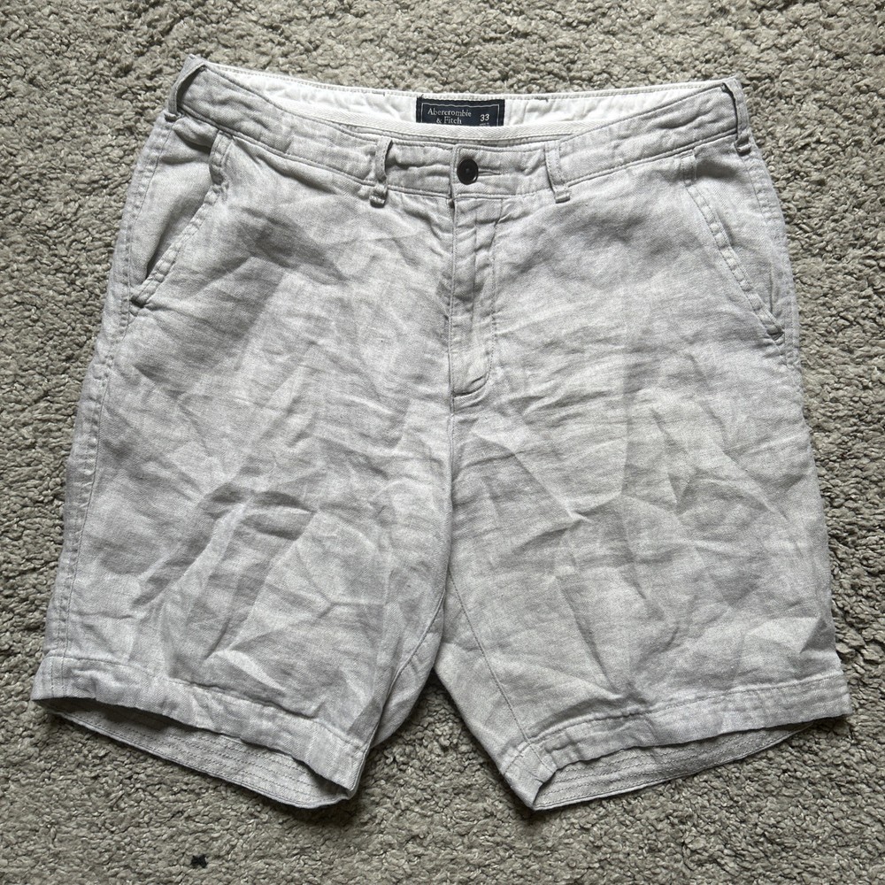 Abercrombie & Fitch Shorts Mens 33 Beige Linen Inseam Herringbone Chino