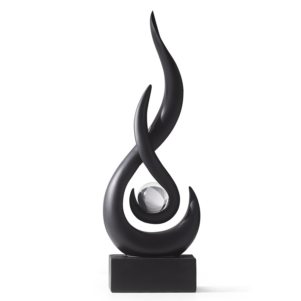 Modern Black Sculpture Decor: Flame Statue with Glass Ball Resin Abstract Art...-image