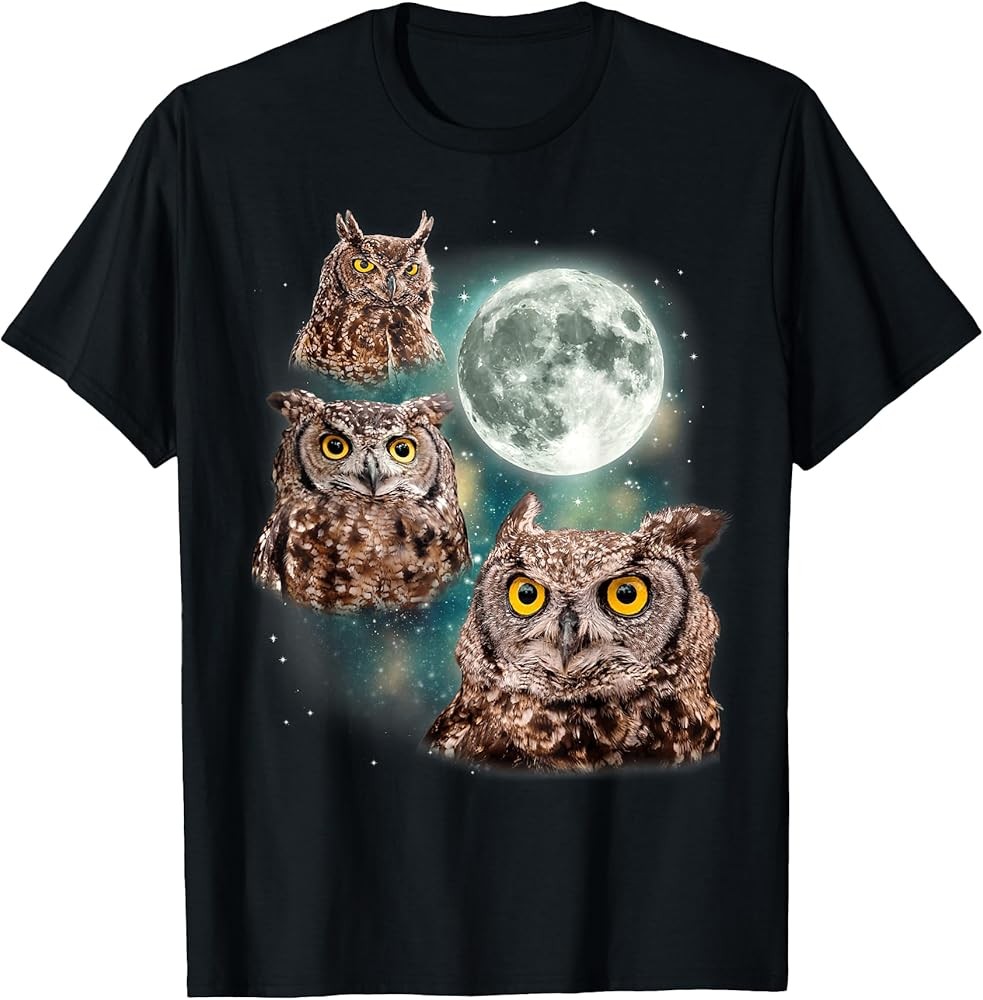 Three Owls Hoot At The Moon Owl Lovers Night Bird Parody T-Shirt