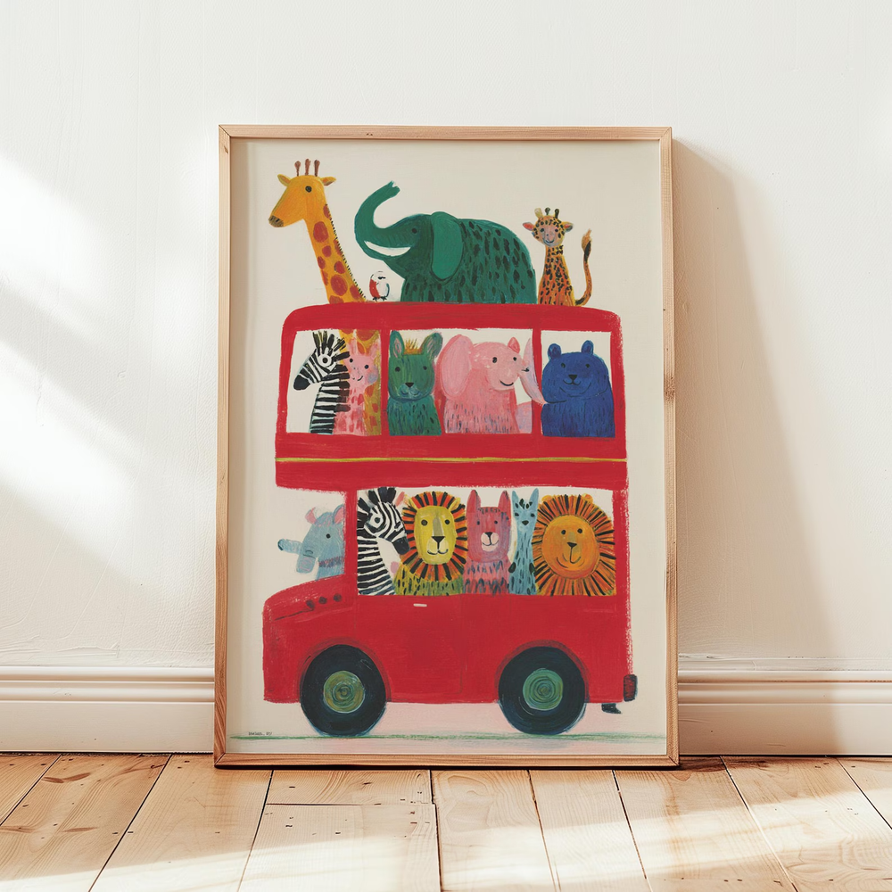 Animal Illustration Print | Safari Animals On Red Bus Scene | Childrens Nursery