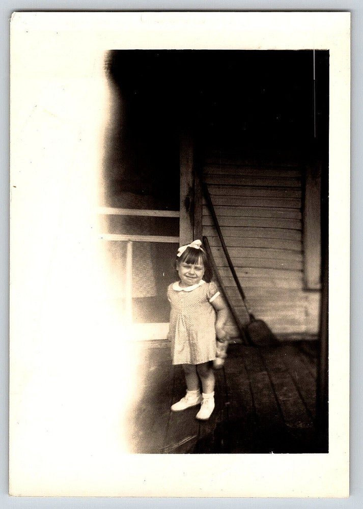Vintage Old Outdoor Antique Photo Picture Little Girl Bow Dress Doll Home Porch