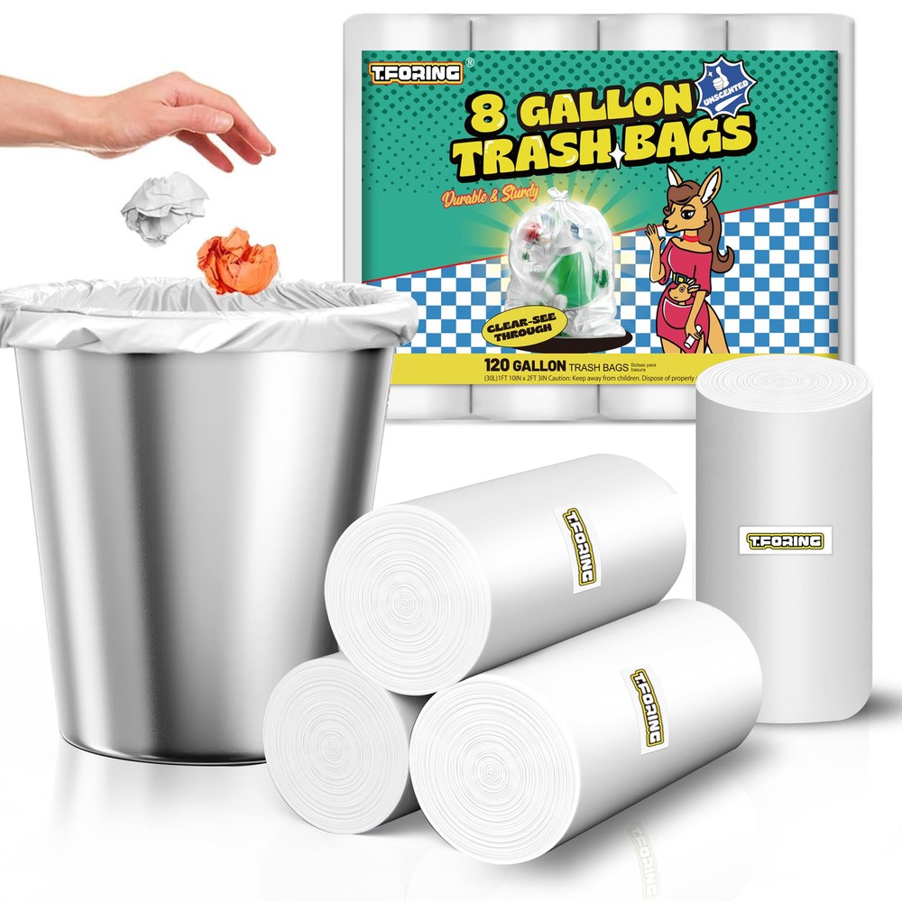 120 Count 8 Gallon Trash Bags Unscented - Thick Clear Medium Garbage bags, 30...