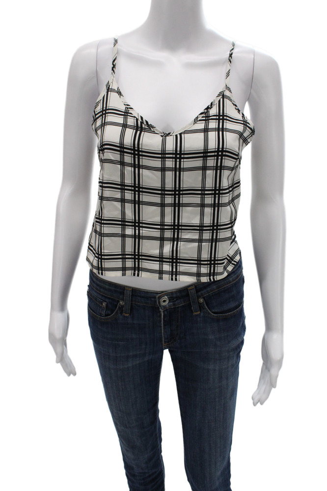 Marissa Webb Womens Silk Plaid V-Neck Cropped Camisole Sleeveless Black Size XSFree Shipping in US $100+ Orders | $6.95 Orders Below