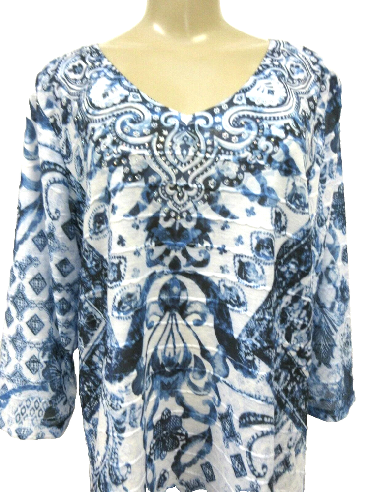 Floral Embellished Top Time And True Multicolor 3/4 Sleeve V-Neck L 12/14