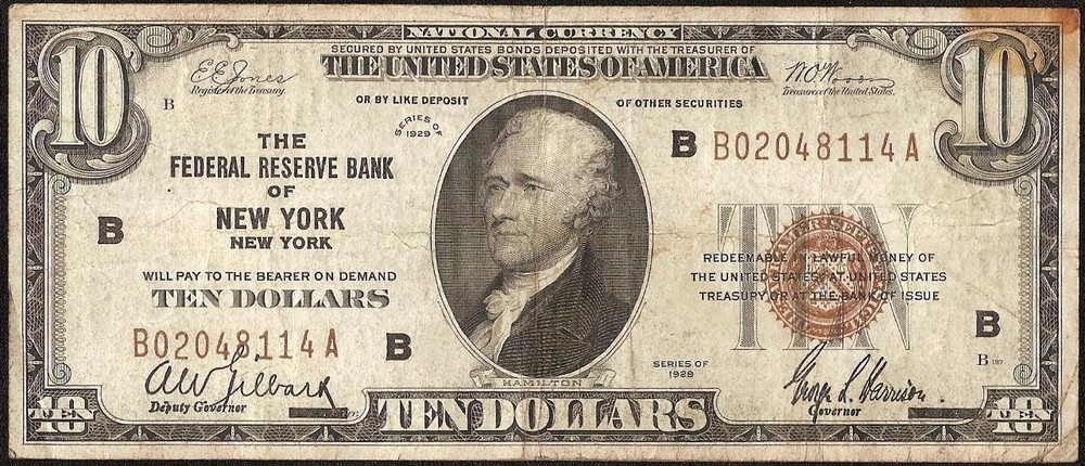 1929 $10 Dollar Bill Brown Seal Bank Note Old Paper Money National Currency