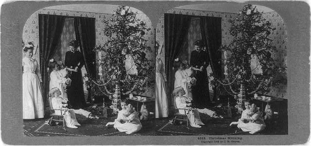 Christmas Morning c1902 Three Girls Women Christmas Tree Dolls Stereograph