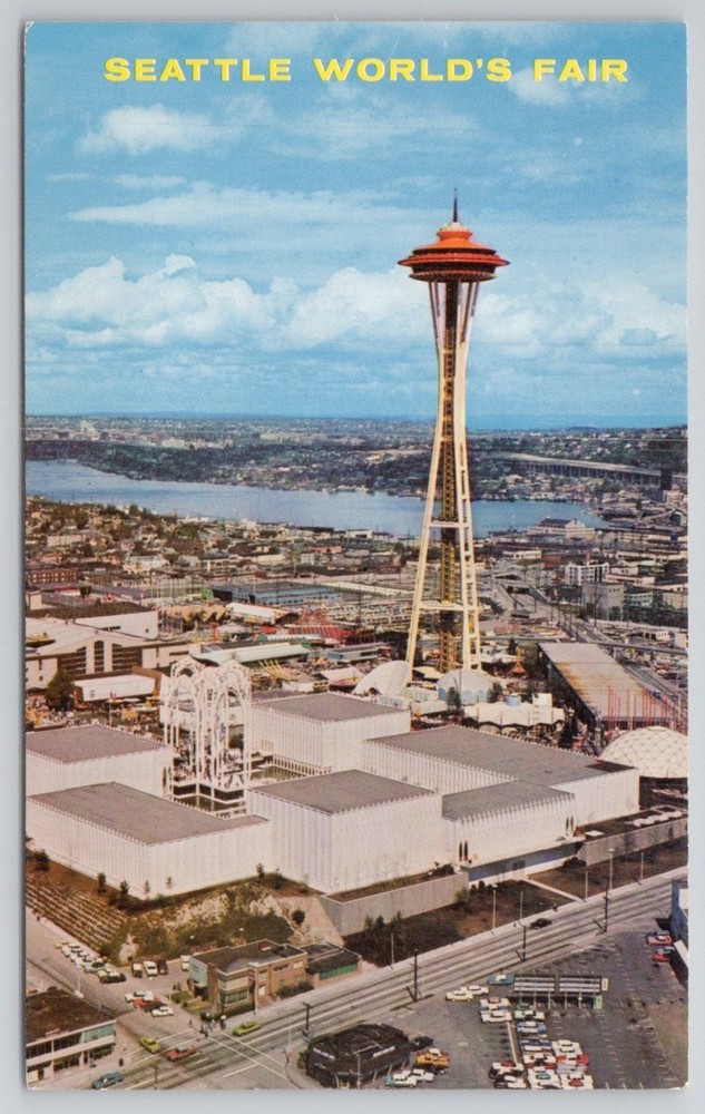 1962 Seattle World's Fair Space Needle Aerial View Chrome Postcard
