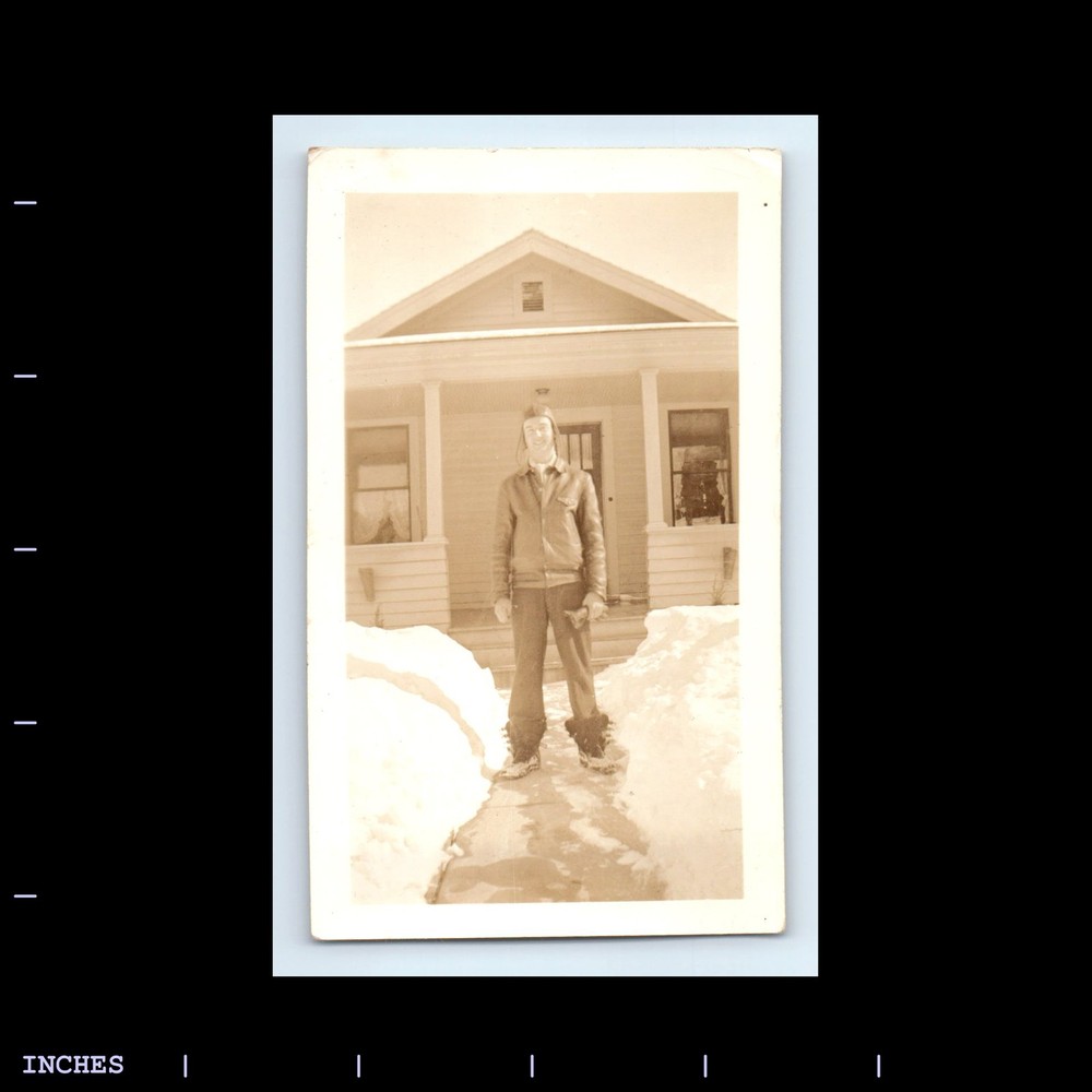 Vintage Photo SNOW WINTER SCENE MAN OUTSIDE HOUSE