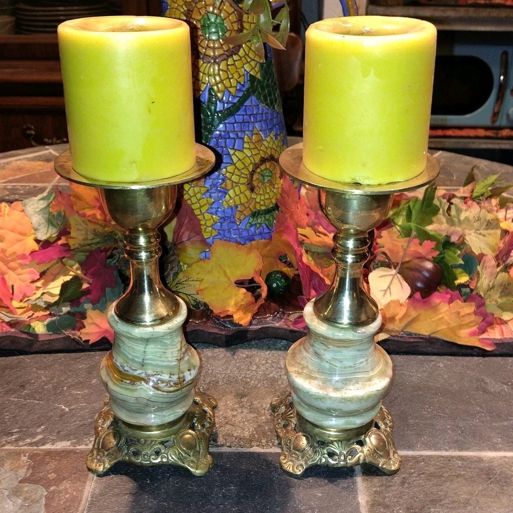 Set of 2 Vintage Beautiful Brass With Green Marble Candle Holders MCM 8” Tall