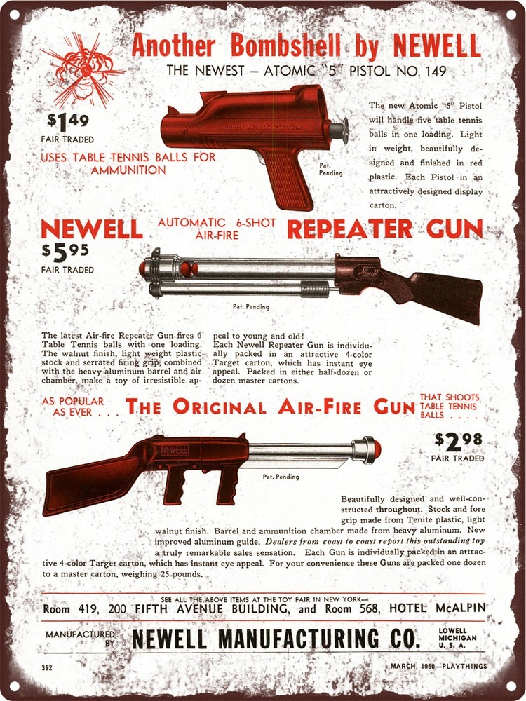 Vintage 1950 Newell Toy Guns Metal Sign 9x12 Air Rifle Pistol Display