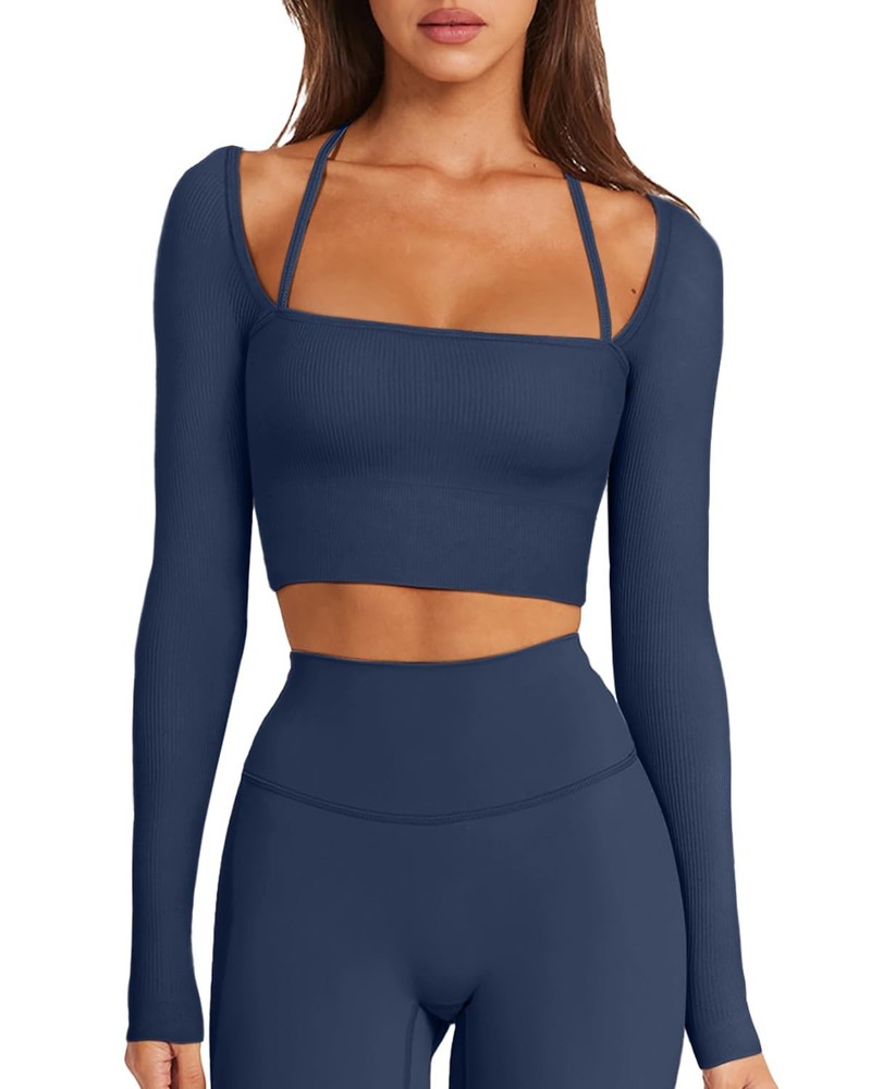 Womens Long Sleeve Tops Halter Neck Tight Athletic Workout Gym Shirts Seamles...