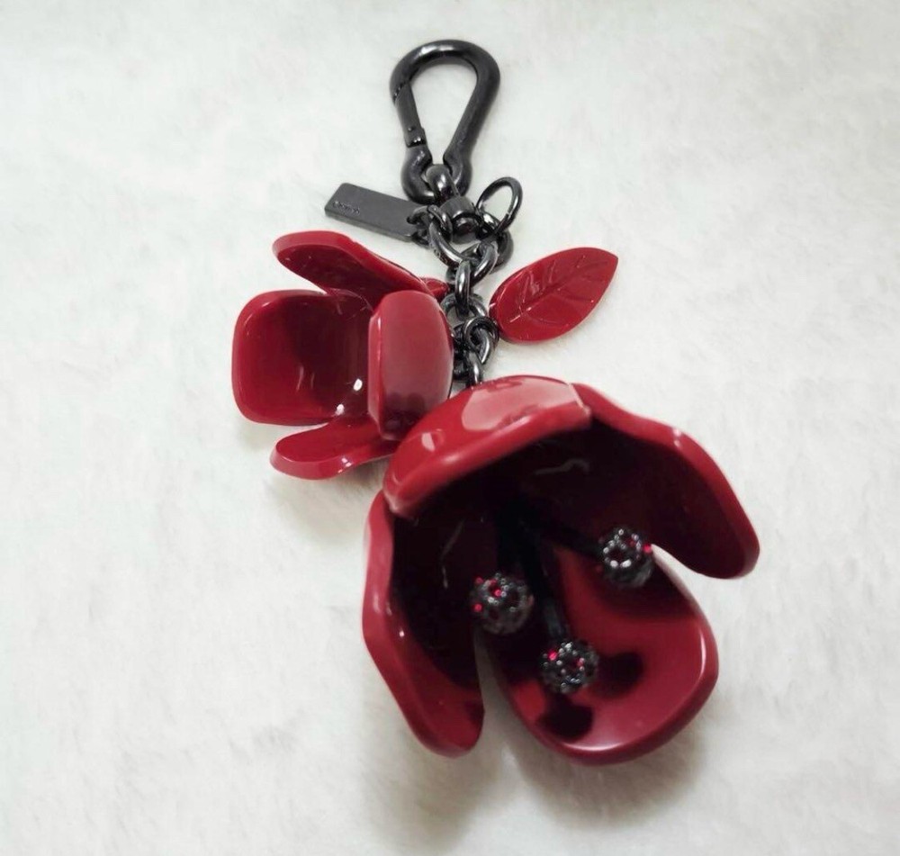 Coach Lg Red Resin Flower Rose Charm Keychain W/ Rhinestone Great Condition!