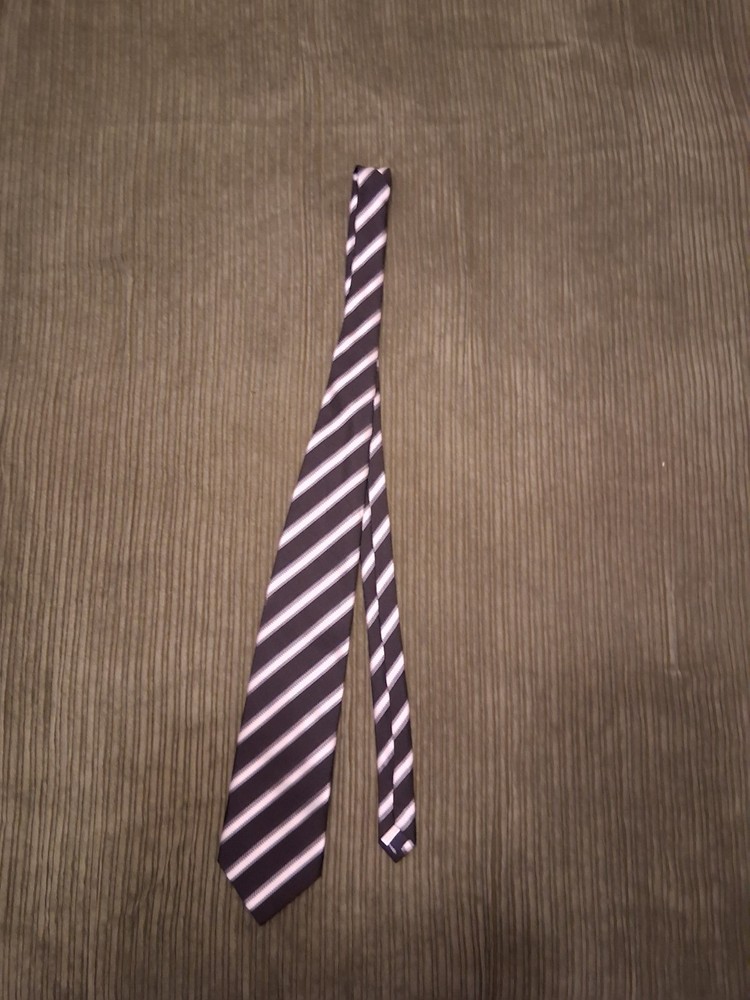 Men's Striped Necktie Tie - Black Purple White Classic Stripe Pattern