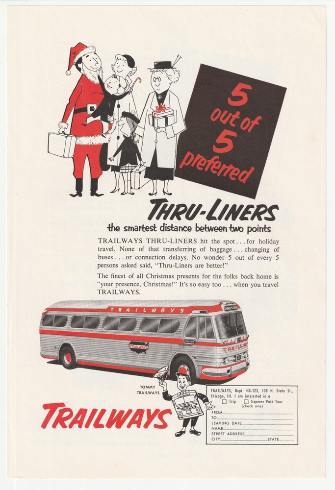 1951~Trailways Coach Bus~GM PD-4104~Christmas Travel~Vintage 50s MCM Print Ad