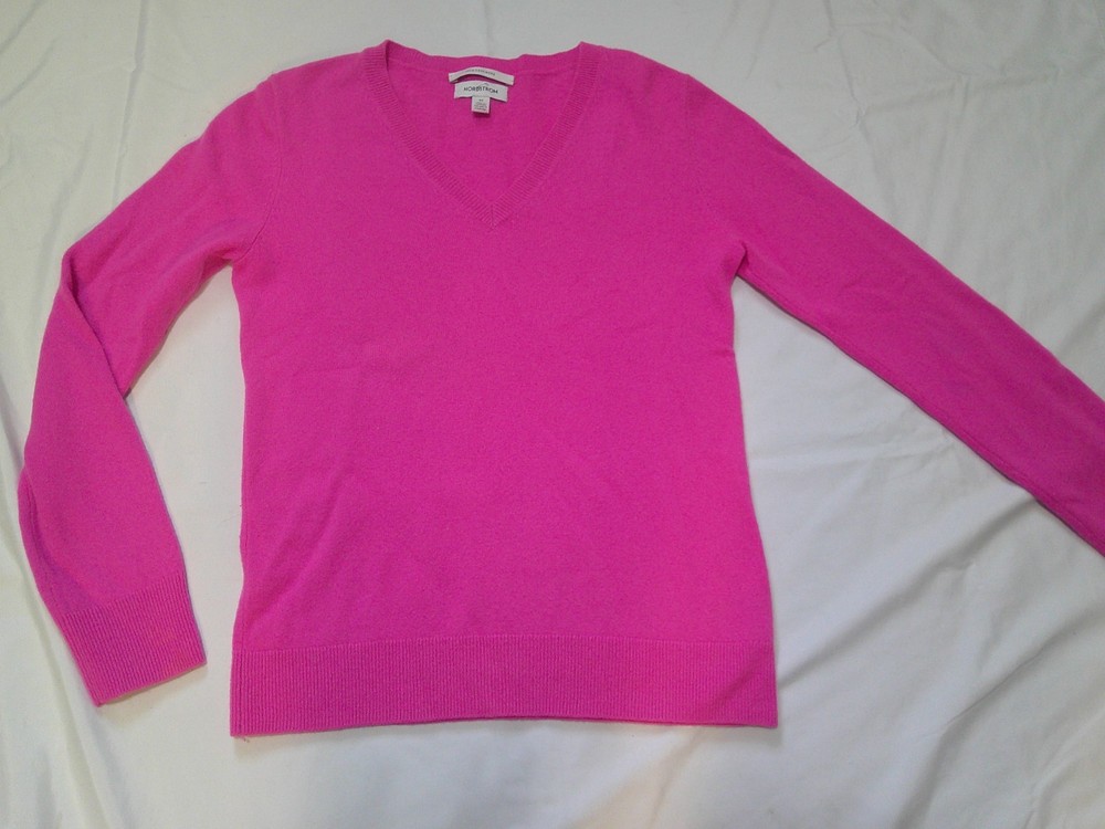 NORDSTROM Hot Pink 100% Cashmere Pullover V-Neck Sweater XS GUC
