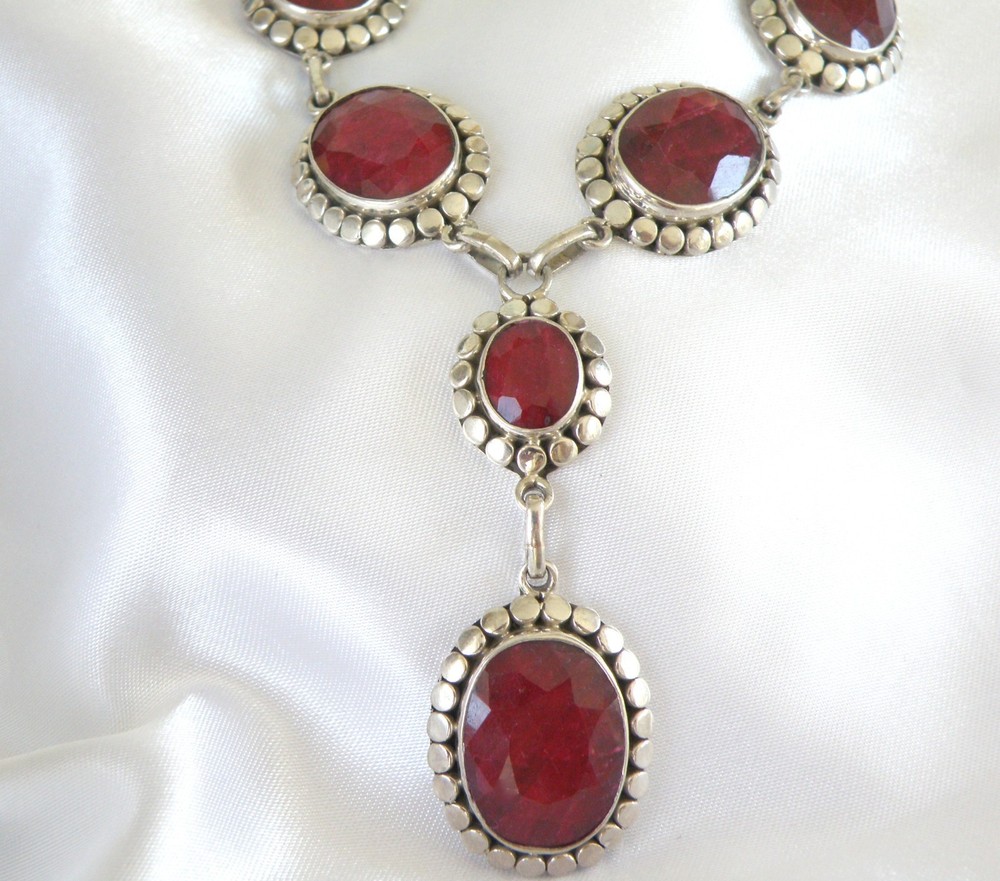 Samuel B Sterling Silver 925 Large Natural Ruby Statement Necklace 17.5