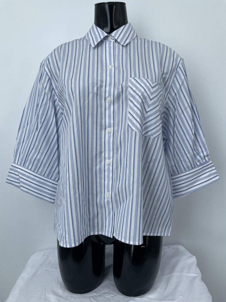 Rag & Bone Women Poplin Shirt Baby Blue/White Size M Lucia Stripe Cropped Cotton