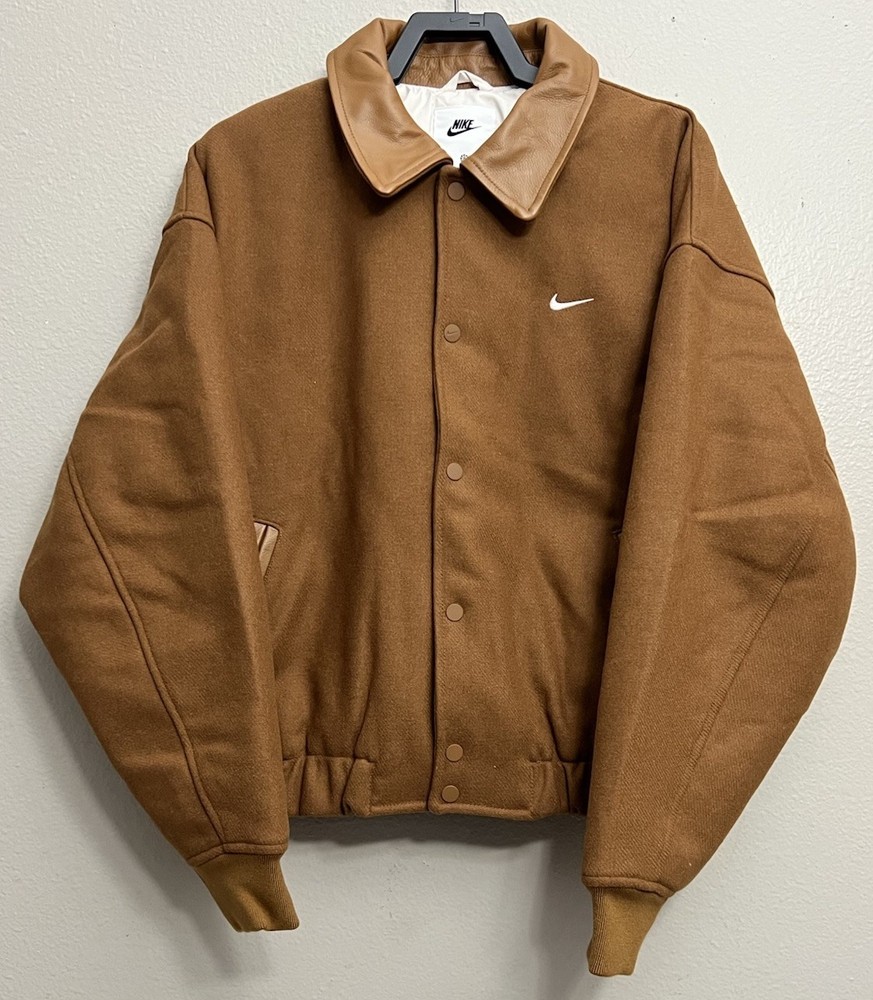 Nike Air Wool Genuine Leather Tan/Brown Varsity Jacket Men FZ1168-281 Sz S