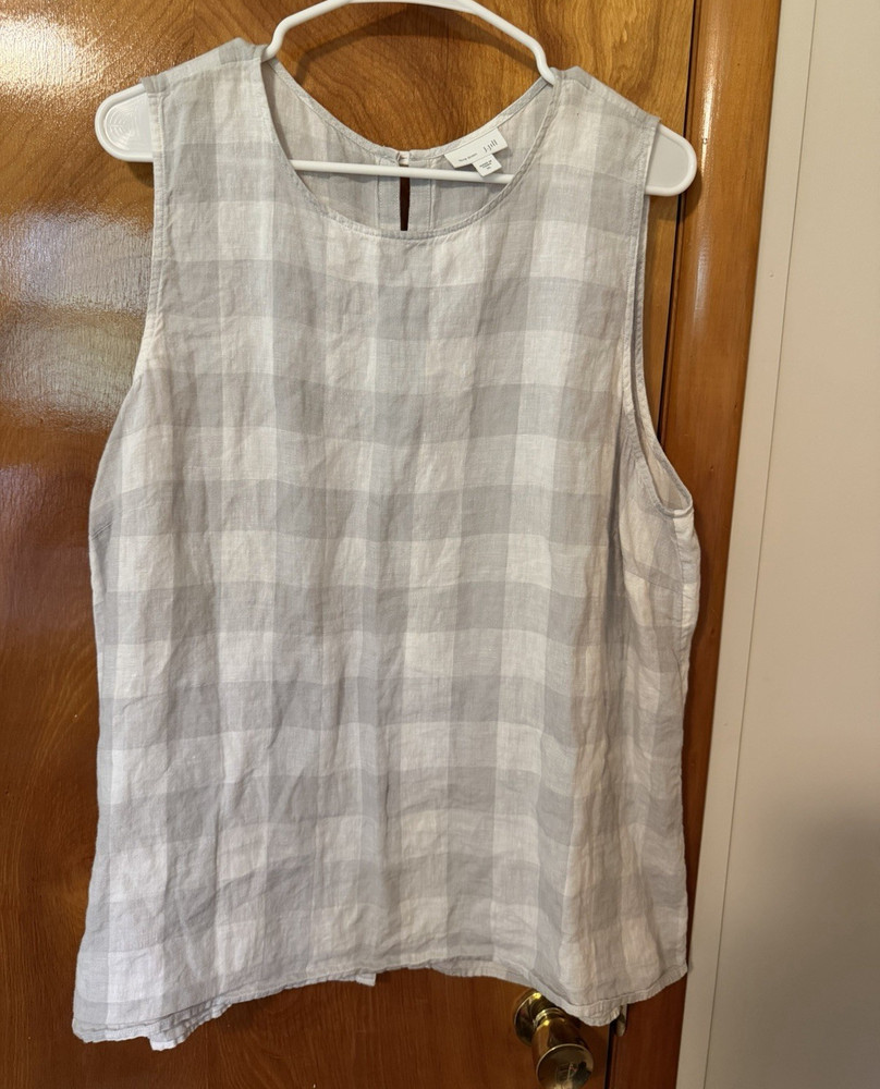 J. Jill Women's Gray/White Plaid Linen Woven Round Neck Button Back Top XL