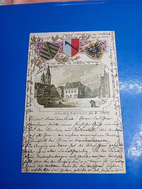 Mint postcard-Halberstadt in Saxony Anhalt/wood market, coat of arms - 1902