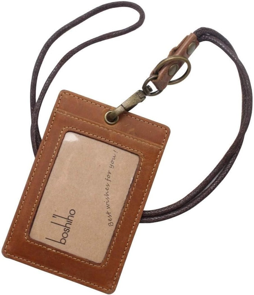 Vertical Style Cowhide Leather ID Card Badge Holder with Heavy Duty Lanyard (...