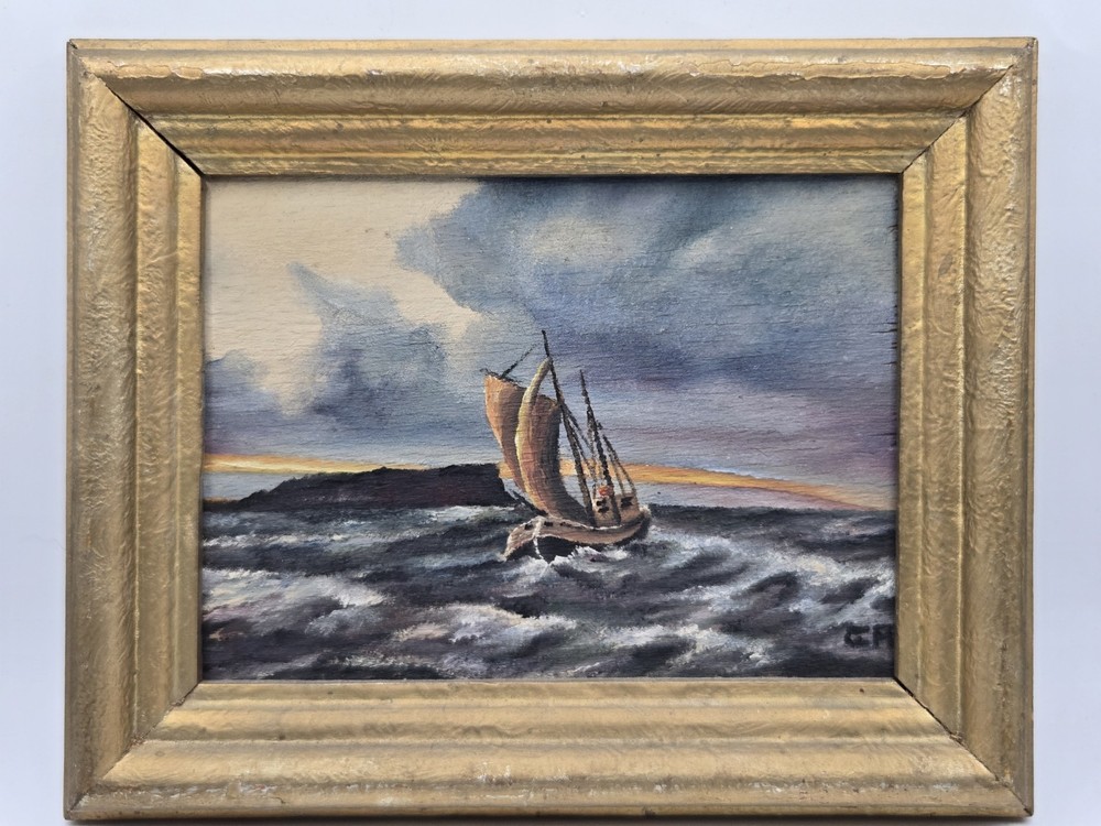 Vintage Seascape Oil Painting Sailboat Sunset Framed Signed C.A. Nautical Art