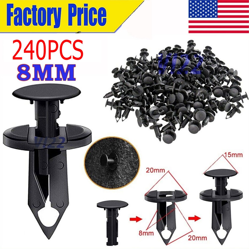 240PCS 8mm Bumper Clips Retainer Auto Car Plastic Rivets Fastener Fender Push US