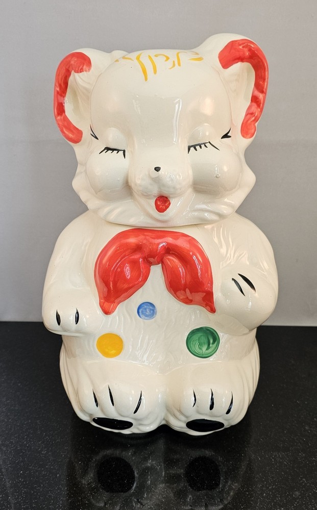 Vintage 1950s American Bisque Polka Dot Sitting Bear Cookie Jar **READ**