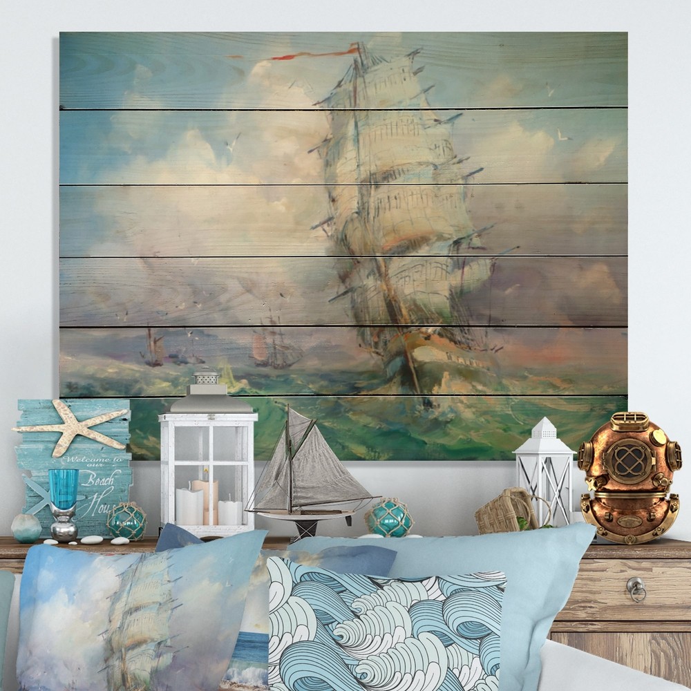 Designart 'Old Battle Sea Ship V' Nautical & Coastal Wood Wall Art Panels -