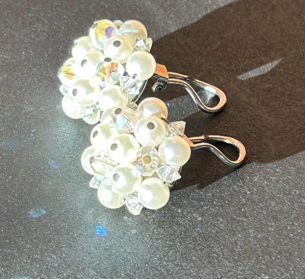 Vintage Laguna Faux Pearl & Crystal Bead Cluster Clip-On Earrings