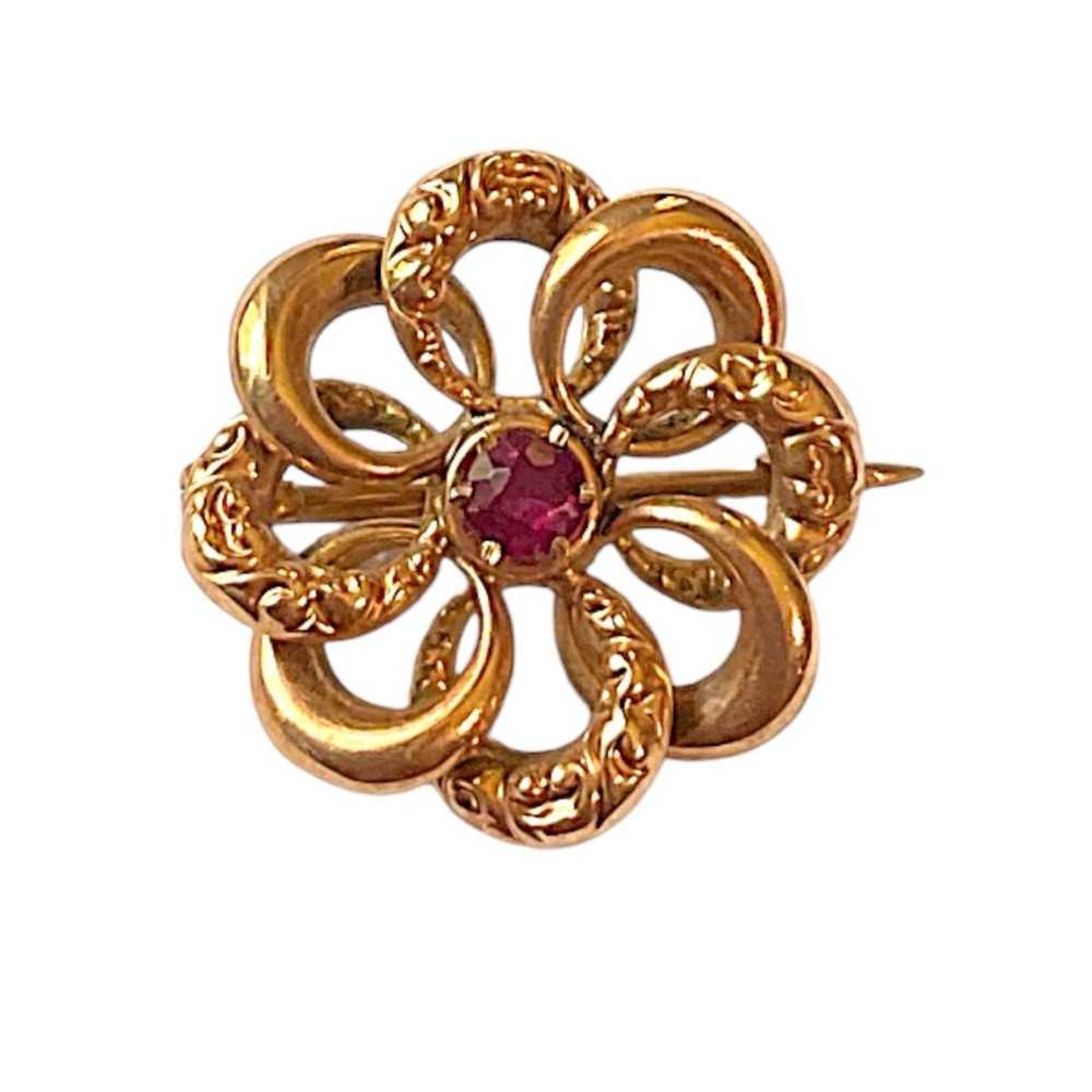 Antique Victorian 10k Yellow Gold Love Knot Circle Flower C-Clasp Brooch Pin