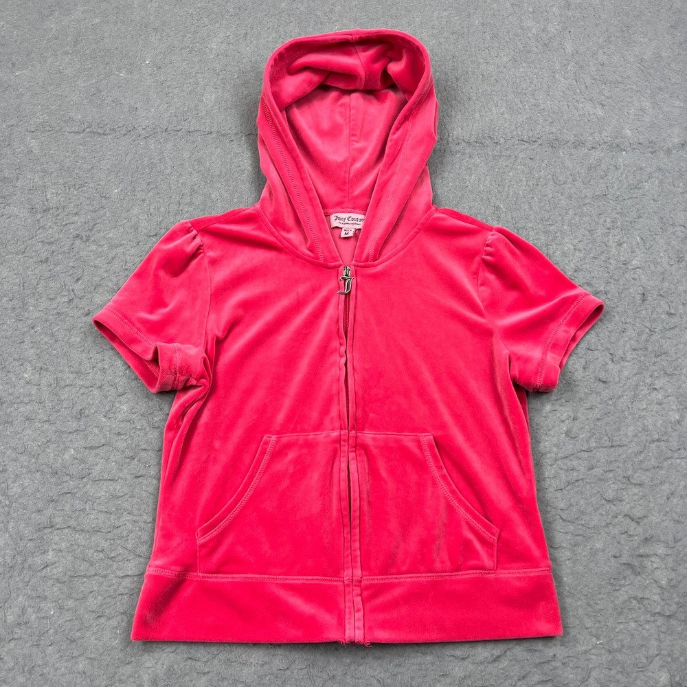 VTG Juicy Couture Track Jacket Womens Medium Pink Terry Bling Short Sleeve Hoody