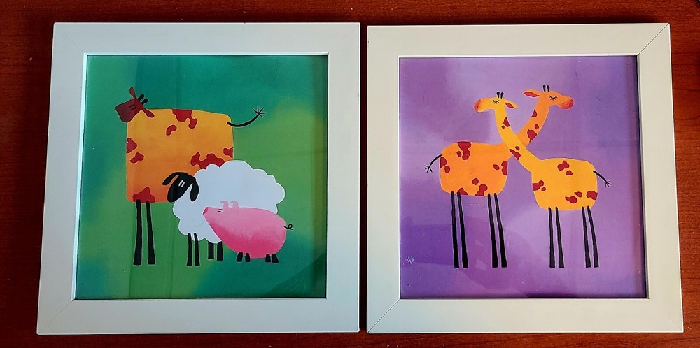 Ikea 1999 Whimsical Framed Prints Set of 2  Folk Art Style 11.5 x 11.5 inches