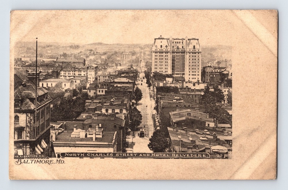 Vintage Baltimore MD North Charles Street & Hotel Belvedere Postcard