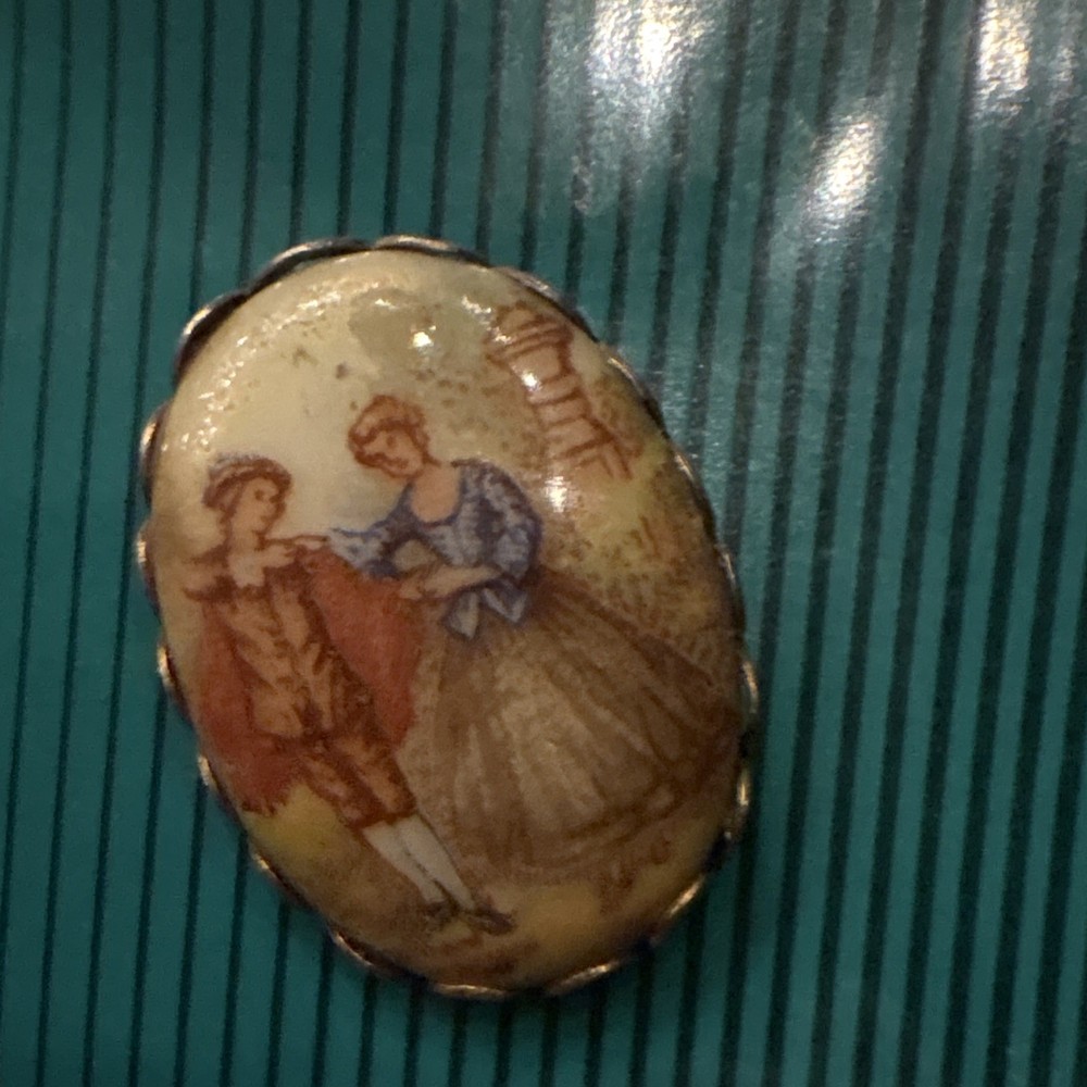 Oval Porcelain Cameo Style People Scene Brooch Pin Beige Brown Blue