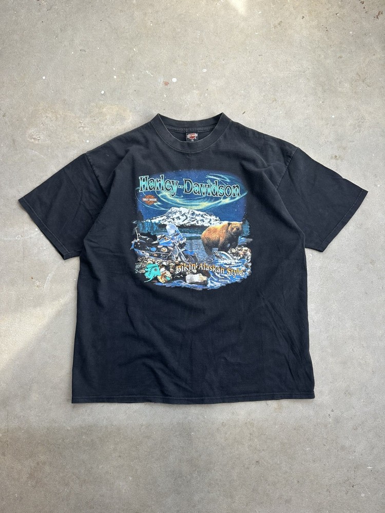 Vintage 1998 Harley Davison Mototcycle Tee Fairbanks Alaska Men XXL Biker Faded