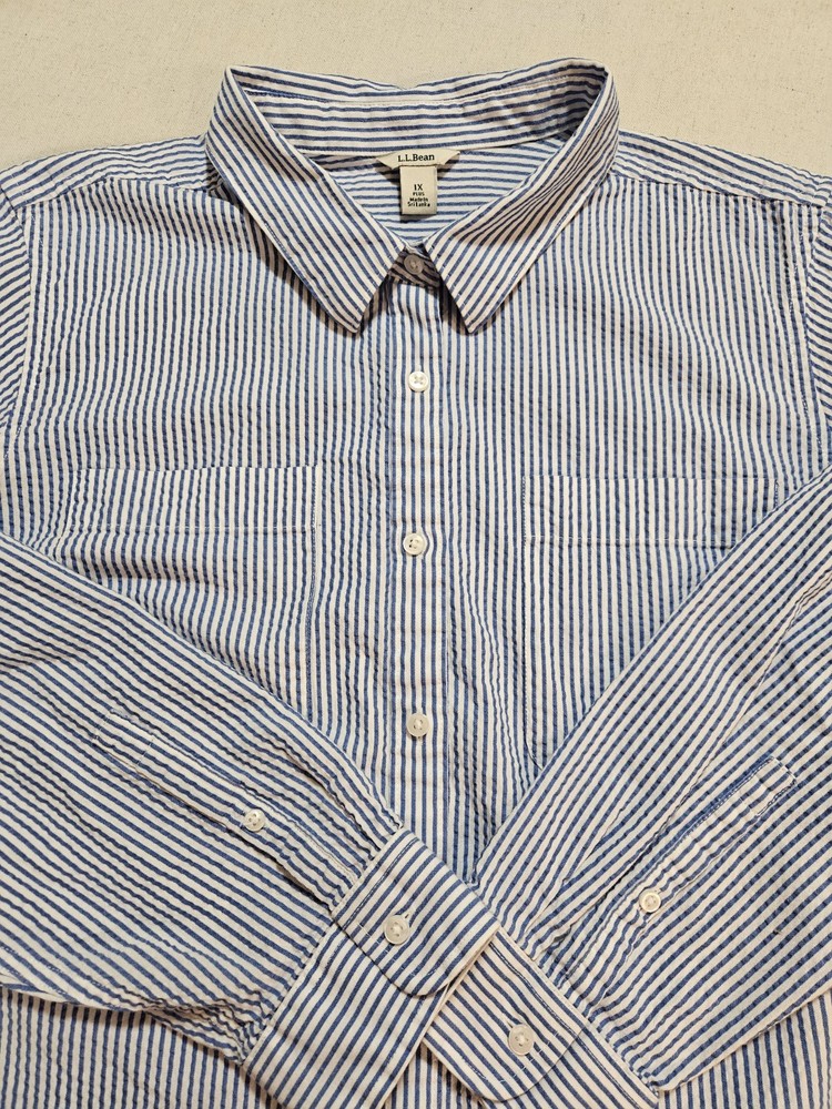 LL Bean Womens 1X White/Blue Striped Seersucker Button Up Shirt Long Sleeve