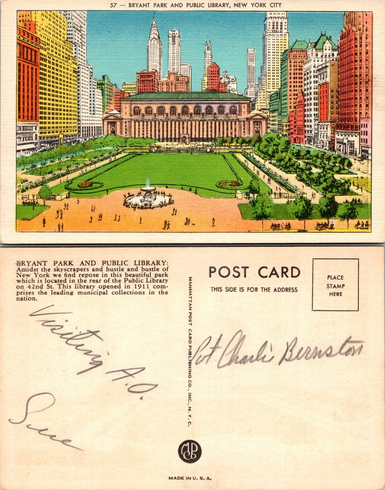 Bryant Park and Public Library New York City Postcard