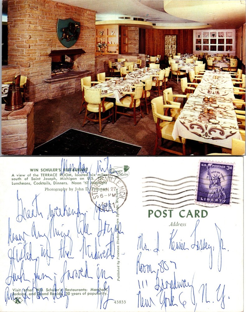 Win Schuler's Terrace Room Dining Marshall Michigan MI Postcard