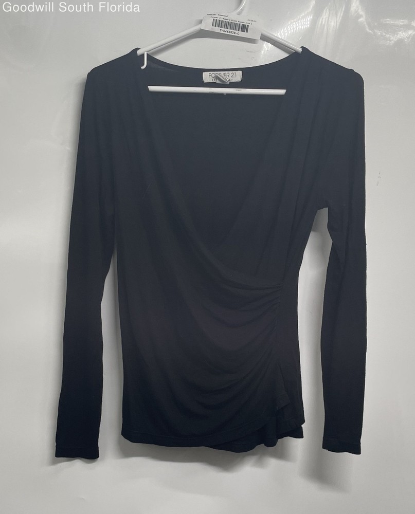 Forever 21 Womens Black Long Sleeve Surplice V-Neck Ruched Blouse Top Size Small