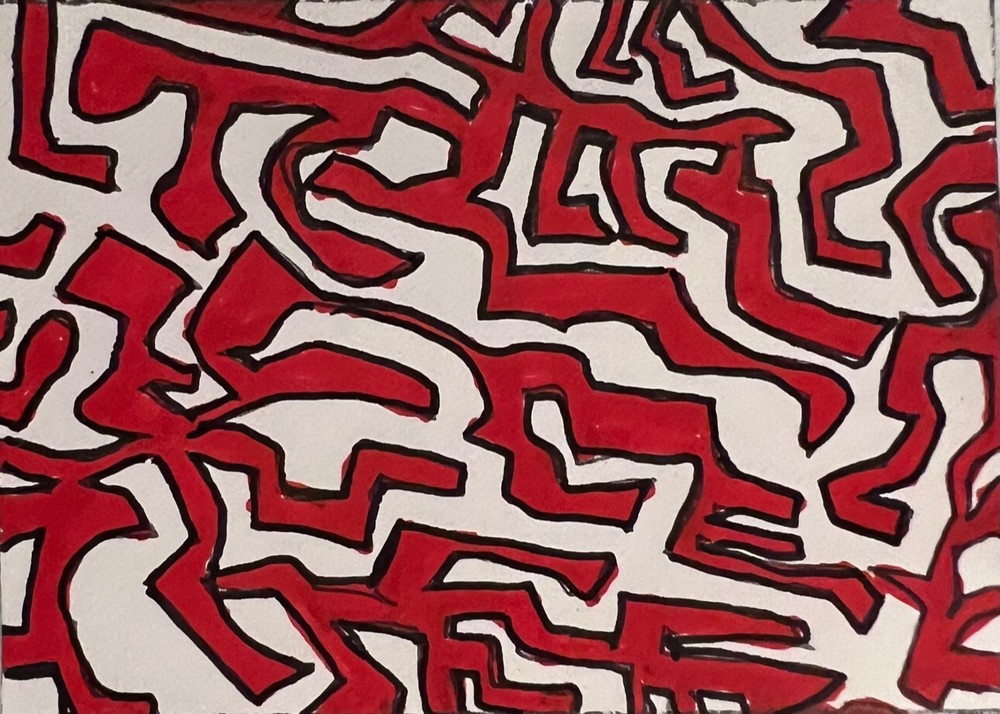 aceo OOAK original trading card  signed ink red  abstract lines shapes