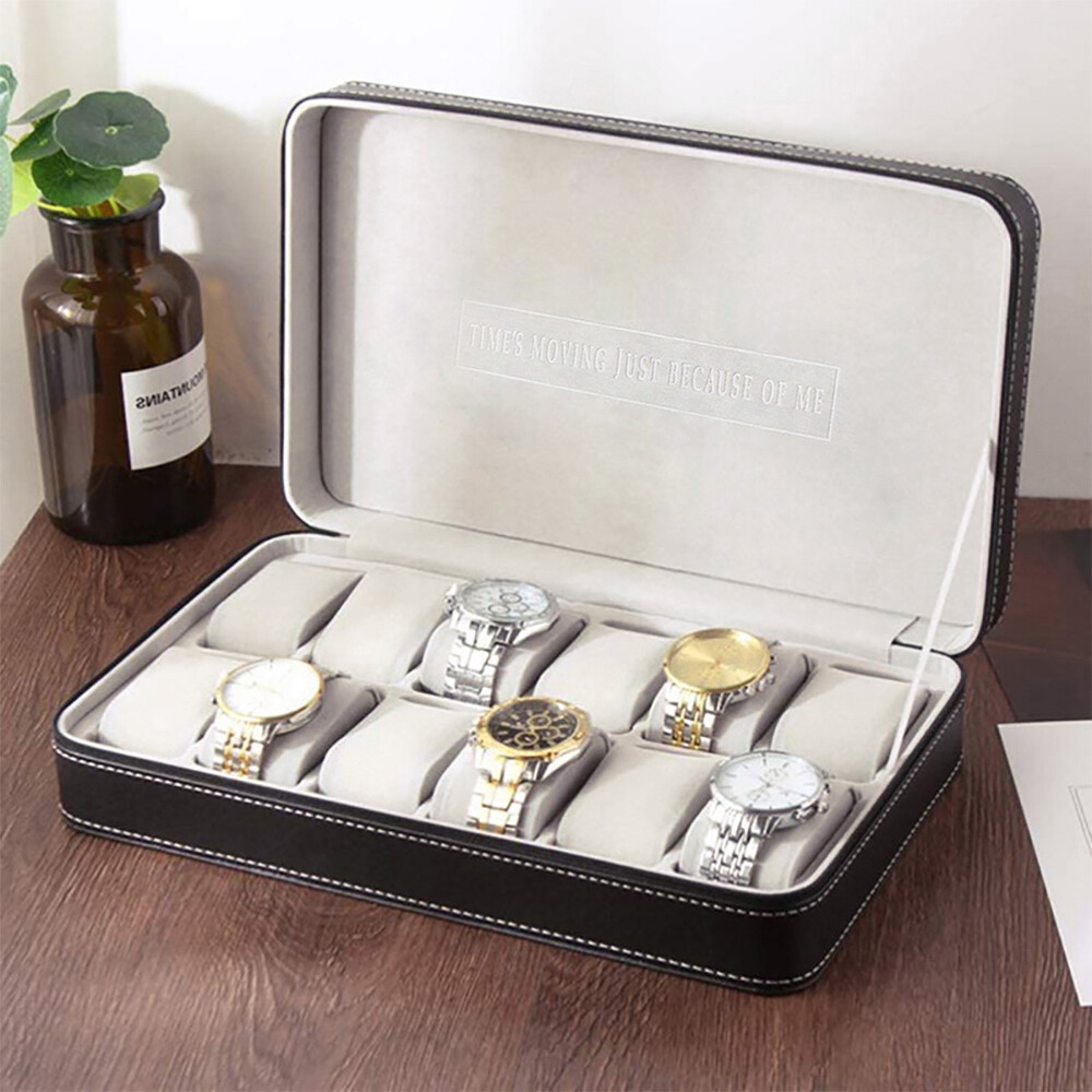 12-Slot PU Leather Watch & Jewelry Organizer Travel Display Case