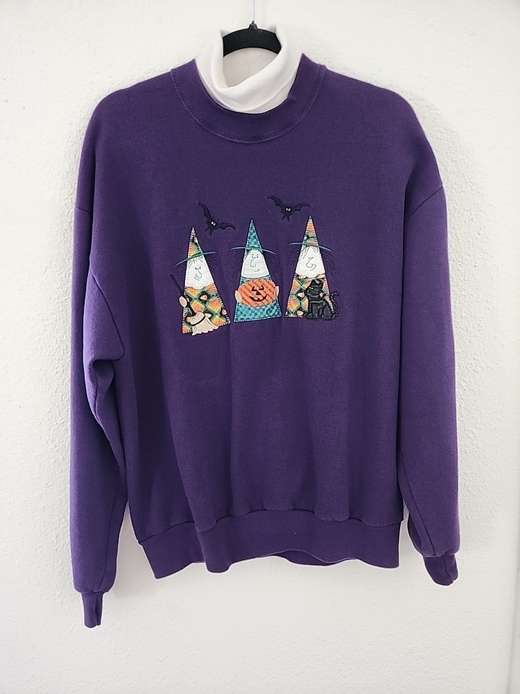 Womens Vintage Halloween Witch Bats Purple Sweater Patch Work Sz L